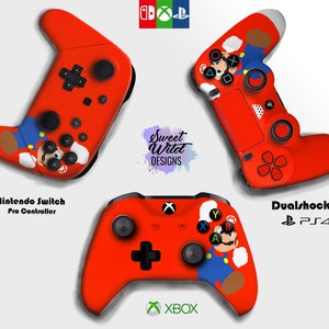 May include: Three different video game controllers featuring a red and blue Mario character design. The controllers are for the Nintendo Switch, Xbox, and Playstation 4.