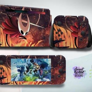 May include: Gaming console skins with a character in a white mask and red cape set against a fiery backdrop. The set includes skins for the console, controllers, and a screen protector with a game graphic. The text "Sweet Wild Designs" is visible.