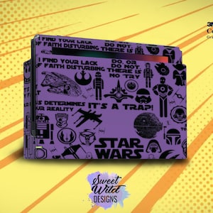 May include: Purple Nintendo Switch game card case with a Star Wars themed design. The case is covered in black and white Star Wars icons and quotes, including "Find your lack of faith disturbing", "It's a trap!" and "Star Wars".