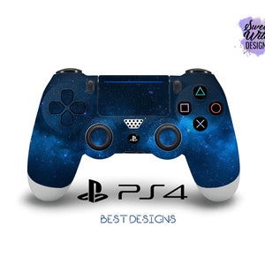 May include: A blue and black PlayStation 4 controller with a galaxy design. The controller has a white PlayStation logo and the text "PS4" printed on the front.