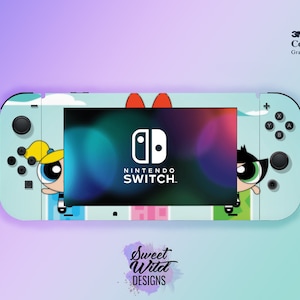May include: A light blue Nintendo Switch console skin featuring the Powerpuff Girls, Bubbles, Buttercup, and Blossom. The skin is made with 3M Controltac Graphic Marking System.