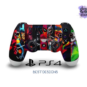 May include: A black PlayStation 4 controller with a colorful design featuring various superhero characters. The controller has a black and white PlayStation logo and the text "PS4" in white.