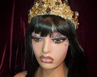 Gold Medieval Crown Tiara: Vitrail Rhinestones, Fantasy Costume
