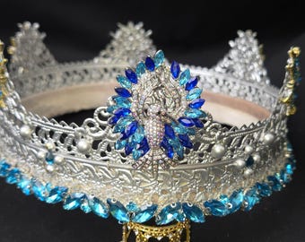 Corona de fénix plateada, diamantes de imitación de zafiro azul, forrada de terciopelo