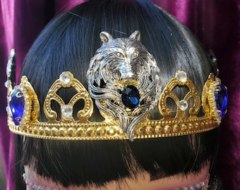Corona de Rey Lobo/Reina, dorada, con diamantes de imitación azules, accesorio para disfraz de Halloween.
