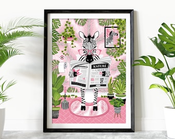 May include: A black and white zebra wearing pink glasses sits on a toilet reading a newspaper that says "Nature Calls" with the headline "Tropical Stories". The zebra is surrounded by pink and green tropical plants in a bathroom setting.