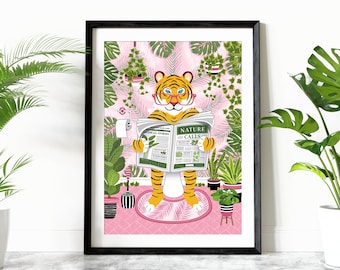 Tiger in Bathroom Reading Newspaper print, Tiger on Toilet art, Tiger in Bathroom, Unframed, Pink Tropical Bath Print, Tiger Bathroom Print