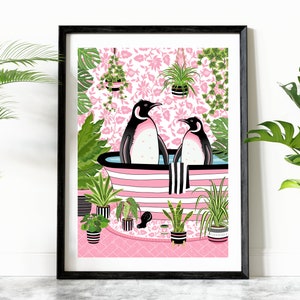 Penguins in a Bathroom Print, Penguin in Bath Print, Animal in Bathtub, Unframed Print, Botanical Animal Print, Pink Tropical Toilet Print.