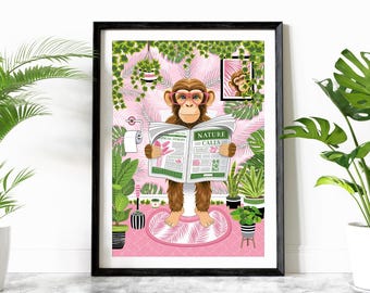 May include: A cartoon illustration of a monkey wearing pink-rimmed glasses sitting on a toilet and reading a newspaper that says "Nature Calls". The monkey is surrounded by tropical plants and a pink bathroom floor.