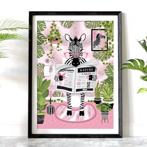 Zebra on Toilet Print: Tropical Bathroom Decor, Animal Toilet Art, Pink