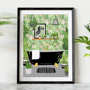 Tropical Bath Print, Botanical House Plants Art - Unframed Print - Black Green Boho Tiles - Zebra - Bathroom Prints