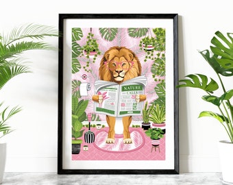May include: A lion wearing pink glasses sits on a toilet in a jungle-themed bathroom. The lion is reading a newspaper with the headline "Nature Calls".