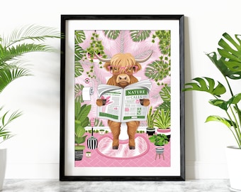 May include: A Highland cow wearing pink glasses sits on a toilet in a bathroom with a pink and green tropical print. The cow is reading a newspaper with the headline "Nature Calls".