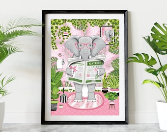 May include: A cartoon illustration of an elephant wearing pink glasses and reading a newspaper titled "Nature Calls" while sitting on a toilet in a jungle setting.