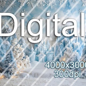 Könnte beinhalten: Eine Winterlandschaft mit einem Schloss, schneebedeckten Bäumen und Schneeflocken. Das Wort "Digital" ist prominent dargestellt. Das Bild enthält auch die Auflösungs- und DPI-Informationen: 4000x3000 300dpi.