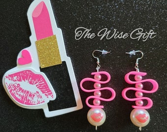 Cute Bubblegum Pink & Pearl White Wire Dangle Earrings