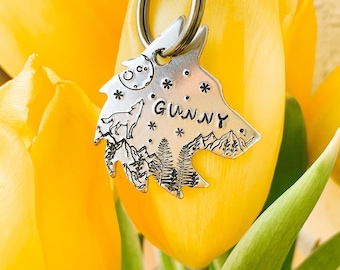 Wolf tag, Dog tag, Wolf tag, Mountain, Trees, Stars, Personalized, Pet, Wolf, Full Moon