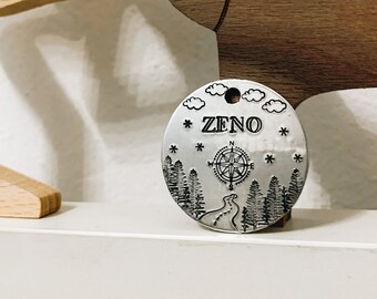 "Road trip" tag, dog tag, handcrafted tag, pet tag, hand-printed tag