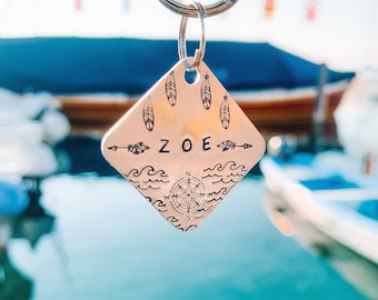 Handmade Pet Tag "Follow Your Dreams" Personalized Dog ID Tag, Aluminum, Sea, Feathers, Arrows