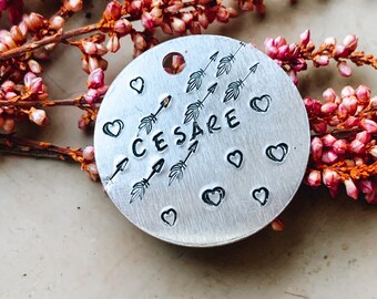 dog tag, pet tag, "In love" tag, heart tag, hand-printed tag