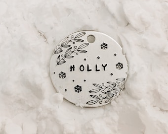 Handmade tag “Holly jolly”, pet ID tag, Christmas pet tag, printed tag