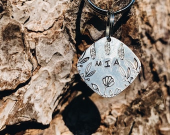 Handmade Graphic “Flowers and Feathers” Dog Tag, Pet Tag, ID Tag