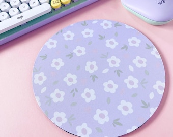 Lilac Floral Mouse Mat, Cute Flower Mouse Pad, Circle Mouse Mat, Office Accessories, Gamer Gifts, Premium Thick 5mm Desk Mat