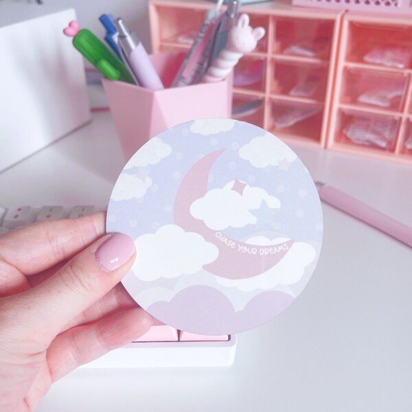 Dreamy Moon Coaster, Chase Your Dreams Coaster, Cute Round Coaster, Circle Drink Mat, Pastel Aesthetic