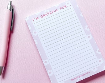Gratitude Lined A6 Notepad, Pink Floral Stationery, Cute Deskpad
