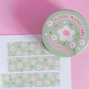 Green Floral Washi Tape, Flower Paper Tape, Cute Deco Tape, Pretty Journalling Tape, Decorative Tape for Bullet Journals and Planners