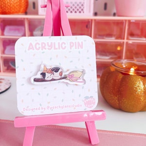 Witchy Cat on Broomstick Acrylic Pin, Witch Kitten Pin, Cute Acrylic Pin, Kawaii Accessories, Cute Halloween Gifts