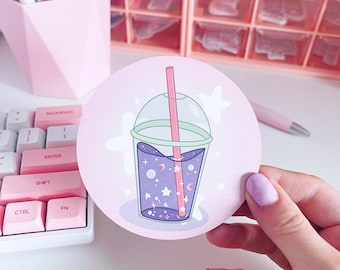 Dreamy Drink Coaster, Kawaii Illustrated Bubble Tea Coaster, Cute Round Coaster, Circle Drink Mat