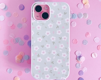 Green Floral Phone Case, Cute Phone Accessory, White Rubber Phone Case, iPhone 12, 13, 14, 15, Pro, Max