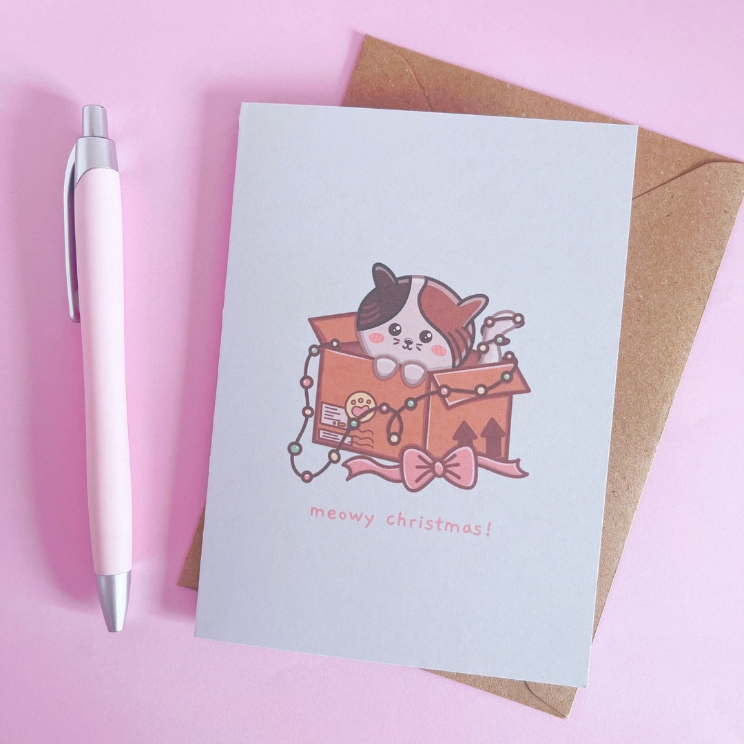 Meowy Cat Christmas Card, Cute Greetings Card With Envelope, Blank ...