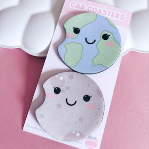 Kawaii Earth and Moon Car Coasters Set of 2, Neoprene Cup Holder Inserts, Cute Car Accessories