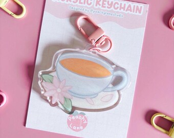 CottageCore Tea Cup Acrylic Keychain, Floral Keyring