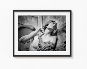 Winged angel looking up to the heavens while praising God. Religious fine art photography print for home spiritual wall décor.