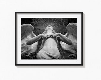 Winged angel photographed in a Italian cemetery  Religious art photography print for home spiritual wall décor.