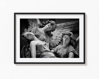 Two winged angels waits to escort a woman's soul to heaven. Religious fine art photography print depicting angel chaperones.