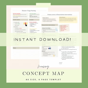 May include: A printable nursing concept map template with the title "Disaster Triage Nursing" and "Primary Survey & Resuscitation Interventions". The template is designed for a 4-page A6 size document and includes a section for notes.