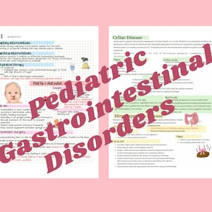 May include: A pink and white illustrated guide to paediatric gastrointestinal disorders. The guide includes information on vomiting, diarrhoea, cleft lip and palate, coeliac disease, and Hirschsprung's disease. The guide also includes illustrations of the digestive system.