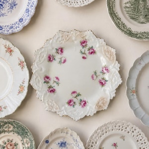 May include: A collection of eight ceramic plates arranged in a circular pattern. The central plate is white with pink rose clusters and embossed edges. Other plates feature blue floral patterns, green landscape scenes, and intricate lattice borders.