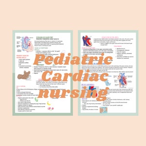 May include: A colorful infographic about pediatric cardiac nursing. The infographic includes illustrations of the heart and text describing the signs, symptoms, and treatment of various heart conditions in children. The text includes the words "Pediatric Cardiac Nursing".
