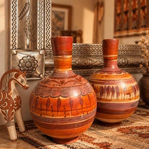 May include: Two round terracotta vases with narrow necks, featuring horizontal bands of orange, red, and dark brown paint with hand-painted leaf and animal motifs. Beside them stands a small, light-colored wooden horse figurine with brown painted details.