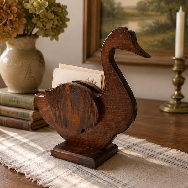 Vintage Wooden Swan stamp holder– Rustic Folk Art Goose Mail Organizer, Farmhouse Desk Decor, Cottagecore Bird Decor