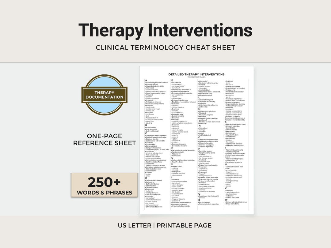 Therapy Interventions List, Clinical Terms Cheat Sheet, Progress Note ...