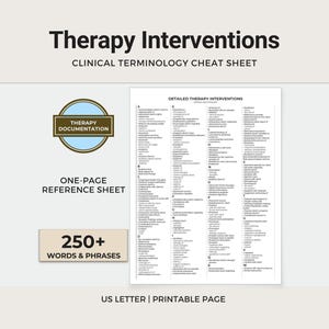 Therapy Interventions List, Clinical Terms Cheat Sheet, Progress Note Reference (Printable PDF)