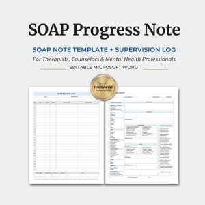 Peut inclure: Un modèle de note de progression SOAP et un journal de supervision pour les professionnels de la santé mentale. Le document comprend des sections pour les informations client, les données subjectives et objectives, l'évaluation et le plan.