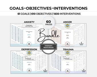 Paquete de objetivos e intervenciones terapéuticas: Ansiedad, depresión, trauma, ira, planificación del tratamiento, guía para ahorrar tiempo, ideas de intervención