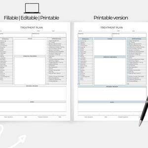 May include: A printable treatment plan template with sections for diagnosis, goals, interventions, essential resources, progress/revision, and notes. The template is designed for therapists or counselors to use with clients.